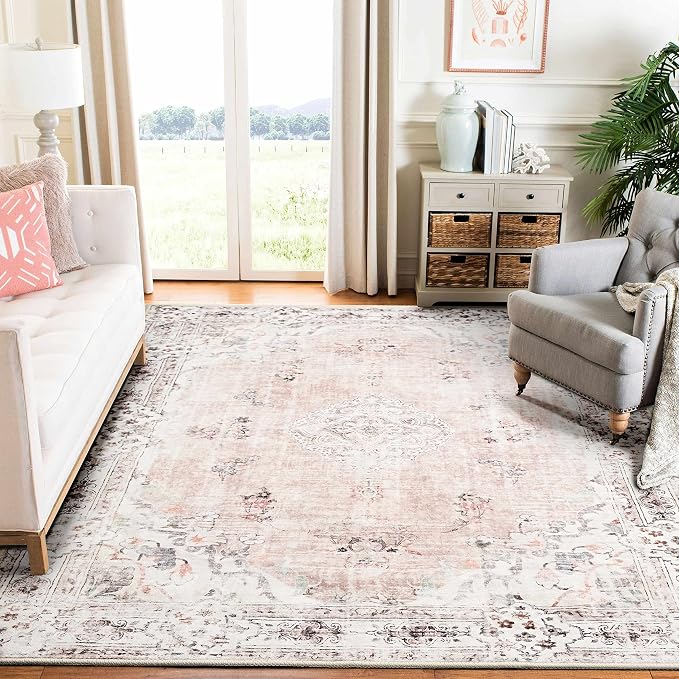 MUJOO Pink Rug Washable,6x9 Area Rugs Non Slip Low-Pile Floral Large | Machine Washable Throw Carpet for Living Room Bedroom Dining Room Boho Soft Indoor Vintage Abstract Flowers Light Blush