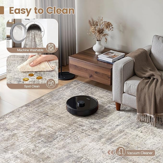 cotiled Washable 10x12 Area Rug for Living Room - Modern Abstract Carpet with Non-Slip Backing, Low Pile & Soft, Stain Resistant, Kid & Pet Friendly Decor for Bedroom & Dining Room - Brown Grey