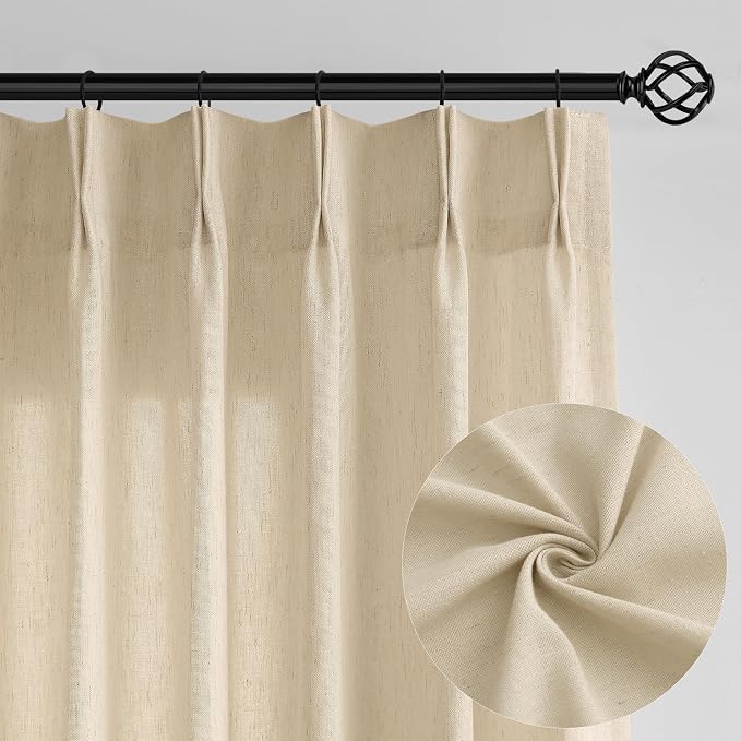 Beige Patio Sliding Door Pleated Curtains 100 Width 102 Inches Long | Extra Wide, Pinch Pleated Drape, Hooks Rings, Light Filtering Semi Sheer, Farmhouse, 100x102 Curtain, for Living Dining Room
