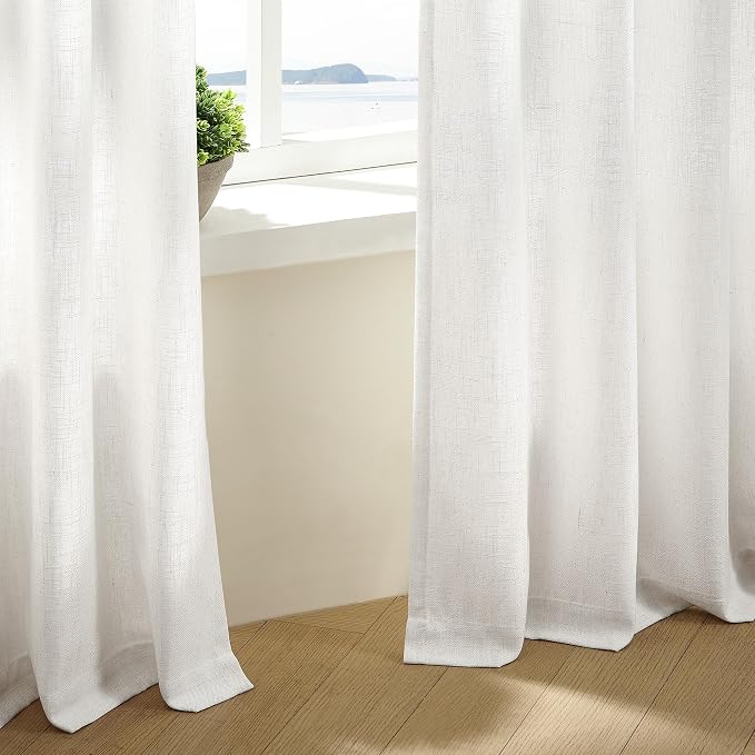 TWODRAPES Beige White Pinch Pleated Linen Curtains 2 Panels 105 Inches Long for Living Room Bedroom Memory Shaped Semi Sheer Pleat Drapes with Hooks Rings Light Filtering Window Curtain 40x105