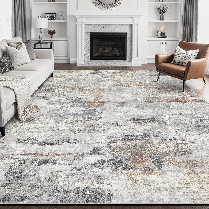 DMOYEST 7x9 Area Rugs for Living Room, Washable Large Abstract Rug, Non Slip Low Pile Indoor Carpet, Kid & Pet Friendly Neutral Modern Rugs for Bedroom Dining Room - Grey/Orange/Yellow