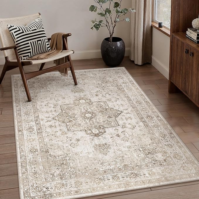 PureCozy Taupe Area Rug 4x5 Washable Vintage Carpet for Office Kitchen Non Slip Retro Distressed Door Mat Low Pile Soft Oriental Medallion Thin Small Throw Rug Entryway Bedroom Bathroom Dining Room