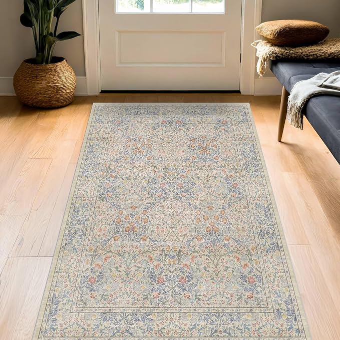 Large 3x4 Entryway Rug Indoor - Washable Non-Slip Low Pile Stain Resistance Ultra Thin Area Rug for Large Kitchen, Bedroom Beside Bed - Vintage Floral Botanical Beige Blue Decor