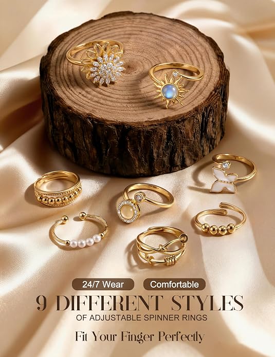 FIBO STEEL Fidget Anxiety Rings for Women - 8Pcs 14K Gold Plated Spinner Adjustable Rings Stress Relief Open Ring Stacks CZ Sun flower Butterfly Bead Evil Eye Non Tarnish Ring Set