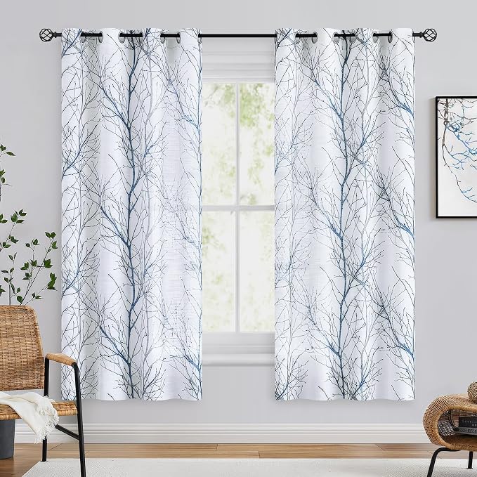 FMFUNCTEX Linen Semi Sheer Curtains for Bedroom, Blue White Curtains 63 Inches Long for Living Room, Grey Tree Branch Patterned Curtain Light Filtering Farmhouse Window Drapes, Grommet Top 2 Panels | Tree Branch Sheer Patterned Curtains, Light Filterin...