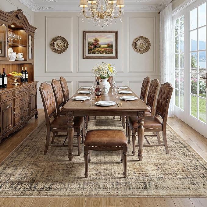 FMFUNCTEX 6x9 Washable Area Rug Brown Neutral Vintage Distressed Oriental Large Non Slip Carpet for Living Room Bedroom Traditional Retro Soft Low Pile Indoor Rugs for Dining Room Office Nursery