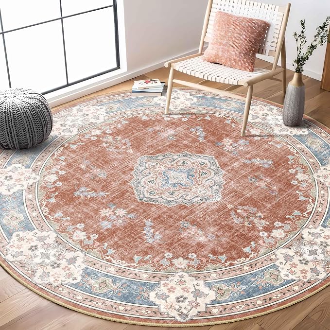 MUJOO Round Rug 6ft,Circle Washable Area Rug Non Slip Low-Pile Floral | Large Circular Rugs for Bedroom Living Room Dining Room Boho Throw Carpet Soft Floor Indoor Vintage Flowers Orange Navy Blue
