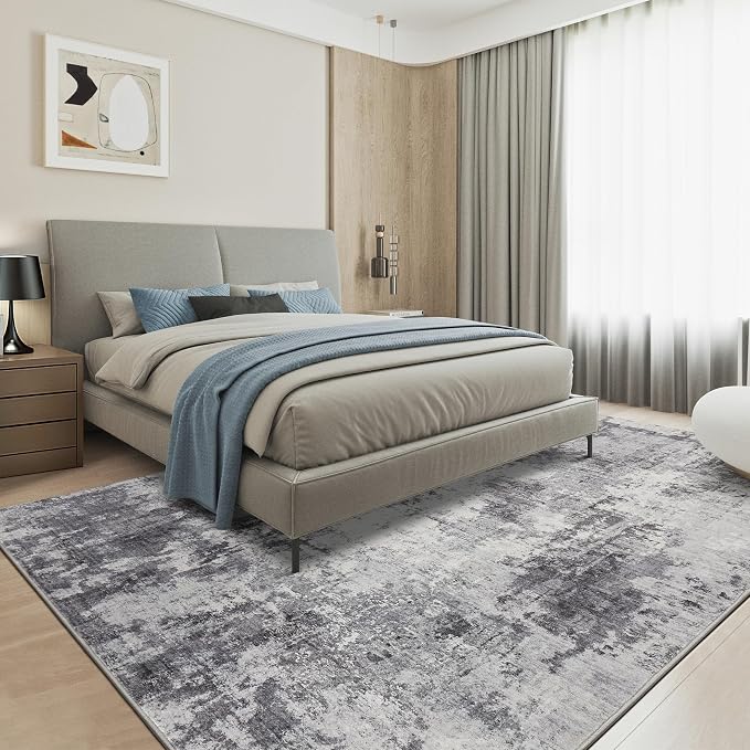 Abstract 12x14 Area Rug: Machine Washable Non Slip Ultra Thin Low-Pile Carpet, Soft Stain Resistant for Living Room Bedroom Office, Kid Pet Friendly, Robot Vacuum Compatible - Grey