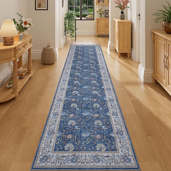 DUKINO 2x8 Runner Rug, Washable Vintage Floral Kitchen Rugs, Sky Blue | Non Slip, Low Pile, Stain Resistant Aesthetic Soft Carpet Runner for Hallway Bathroom Entryway Bedroom Farmhouse Laundry Room