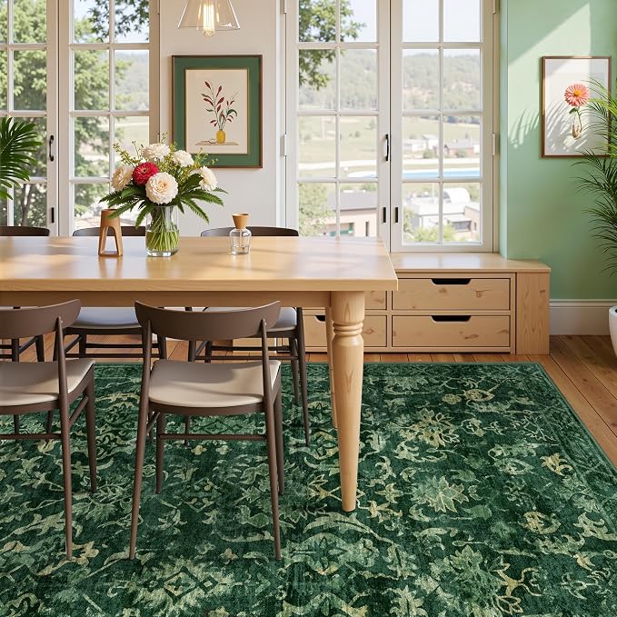 Dark Green Area Rugs 8x10 Rugs for Living Room, Traditional Washable Rugs for Bedroom Distressed Large Area Rug Living Room Rug Non Slip Rug Carpet for Dining Nursery