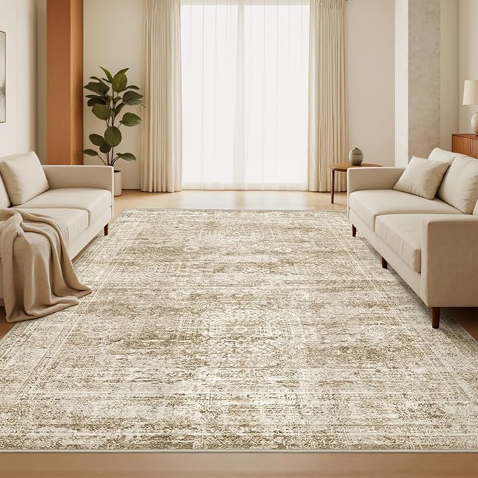5x7 Area Rugs for Living Room,Large Washable Rug,Brown | Rugs for Bedroom,Dining Room,Office,Low Pile,Soft, Neutral Rug,Stain Resistant Indoor Carpet,Non Slip,Home Decor