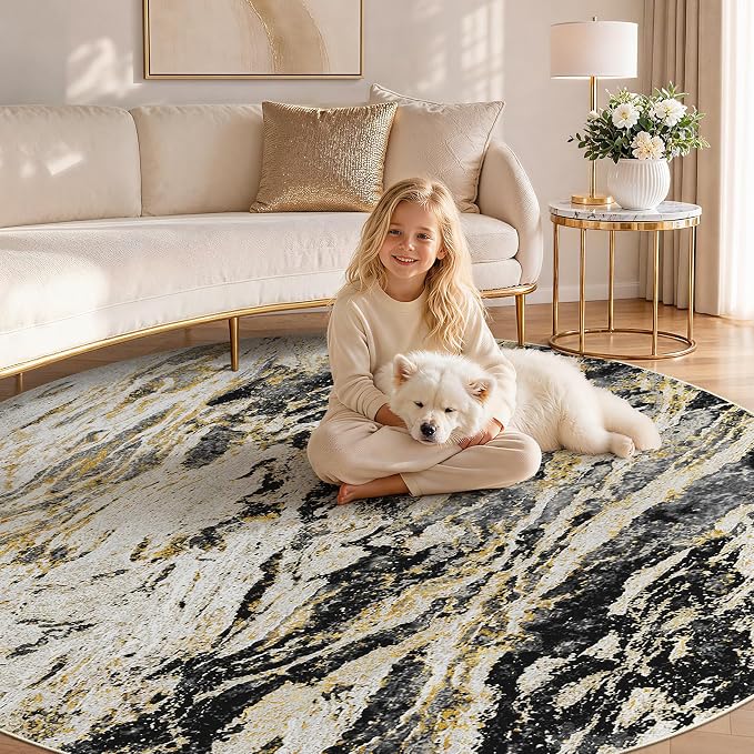 Area Rugs for Living Room: 10ft Round Abstract Washable Rug Modern Neutral Large Soft Stain Resistant Non-Slip for Bedroom Dining Room Indoor Home Office Carpet - Black Gold