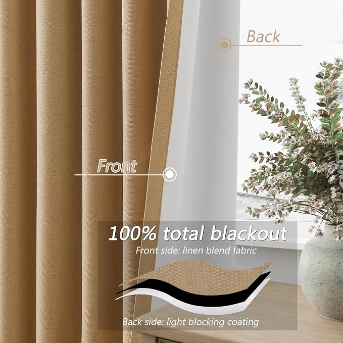 Guken 100% Blackout Linen Curtains 80 Inch Length 2 Panels Set for Living Room Bedroom Back Tab Thermal Insulated Black Out Linen Drapes Room Darkening Window Curtains,Camel Brown