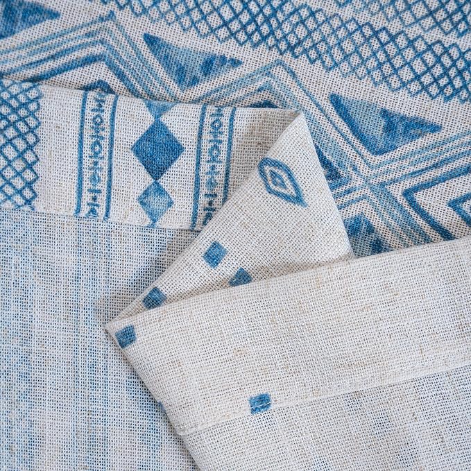 MYSKY HOME Boho Curtains Semi Sheer Linen Blended Curtains 95 Inches Long for Living Room Stripe Patterned Farmhouse Curtains Light Filtering Privacy Back Tab Drapes, 50'' Wide, Blue, 2 Panels