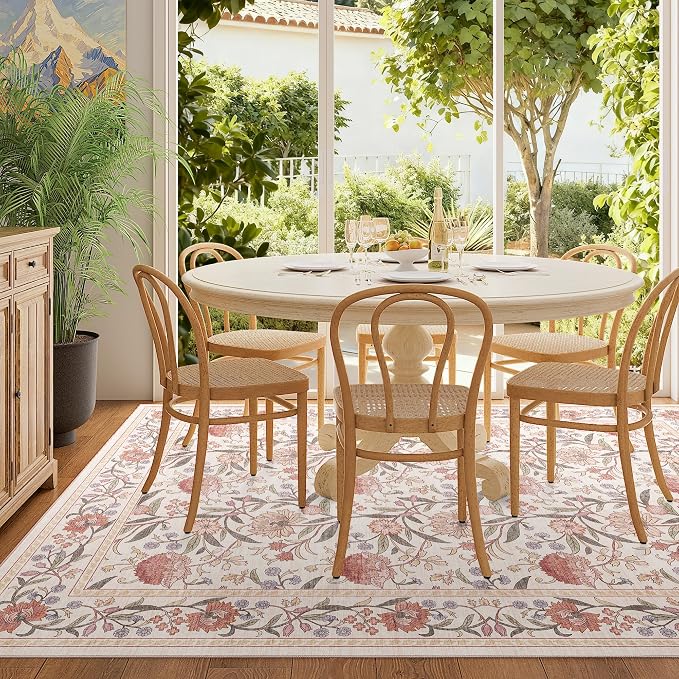 DUKINO 5x7 Area Rug, Vintage Floral Washable Rug for Living Room Beige Pink | Non Slip, Low Pile, Non-Shedding, Stain Resistant Lightweight Boho Soft Carpet for Bedroom Home Office Dining Room Farmhouse