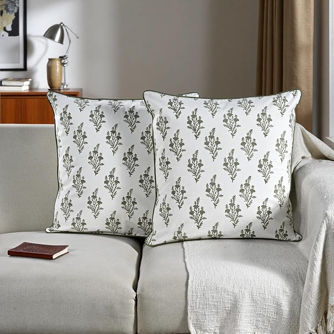 Ridhi Natural Spring Block Print Pillow Cover 18" x 18" (Pack of 2) Decorative Couch Pillows for Living Room, Farmhouse Chic Boho Cute Outdoor Pillows Covers Gifts for Spring, Mother's Day
