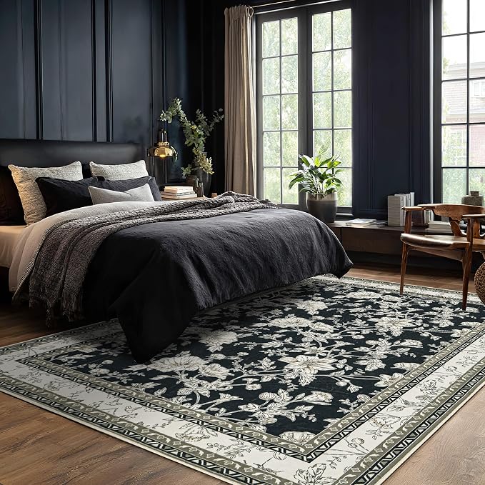 Black Floral Area Rugs 6x9 Living Room, Black with Cream Beige Taupe Flower Design Low-Pile Washable Rugs for Bedroom Dining Room, Vintage Modern Farmhouse Boho Indoor Floor Carpet Kids Playroom