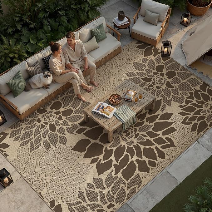 PureCozy 6x9 Easy Jute Outdoor Rug Brown Floral Textured Indoor Outdoor Area Rug Farmhouse Patio Carpet for Backyard, Patio, Porch, Easy-Cleaning, High Traffic, Pet-Friendly, Non-Shedding