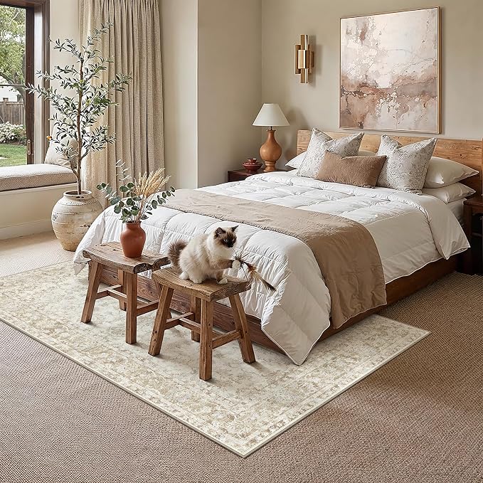 6x9 Washable Neutral Area Rug for Living Room Bedroom Beige Floral Soft Non Slip Rug Low Pile Distressed Carpet for Dining Room Nursery Office Indoor