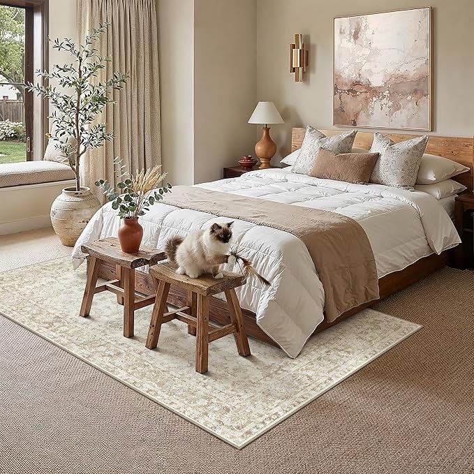 5x7 Washable Neutral Area Rug for Living Room Bedroom Beige Floral Soft Non Slip Rug Low Pile Distressed Carpet for Dining Room Nursery Office Indoor