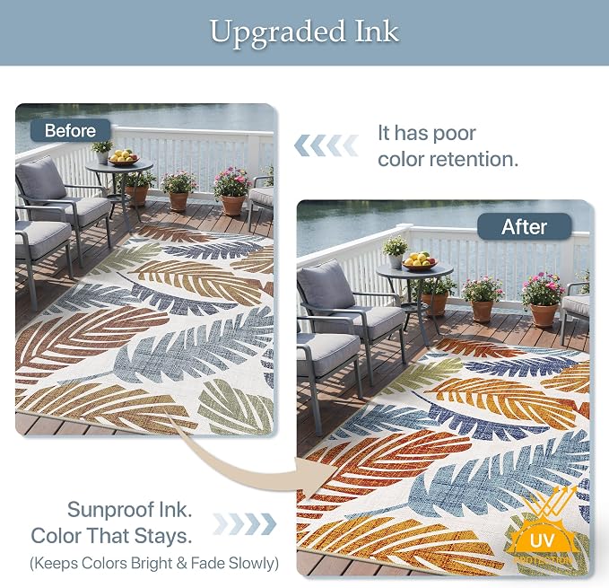 GENIMO 9x12 Outdoor Rug, Washable Quick Dry for Patio, Leaf Rust Navy | Botanical leaf design for gazebo; lightweight chenille with quick-dry non-slip backing for indoor dining area.
