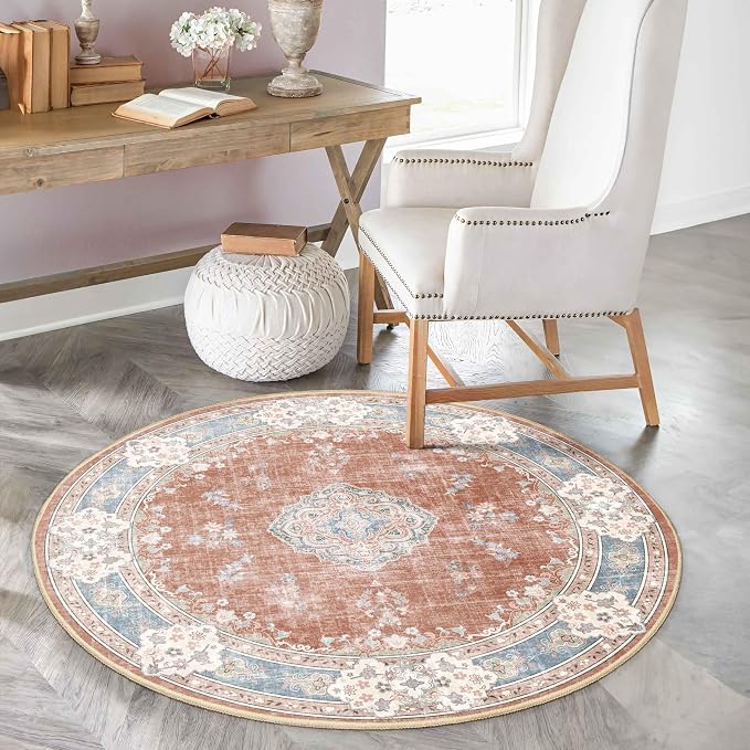 MUJOO Boho Round Rug 4ft Small Circle Washable Area Rug Non Slip Floral | Circular Rugs for Bedroom Living Room Entryway Bathroom Bedroom Throw Carpet Soft Low Pile Indoor Flowers Orange Navy Blue