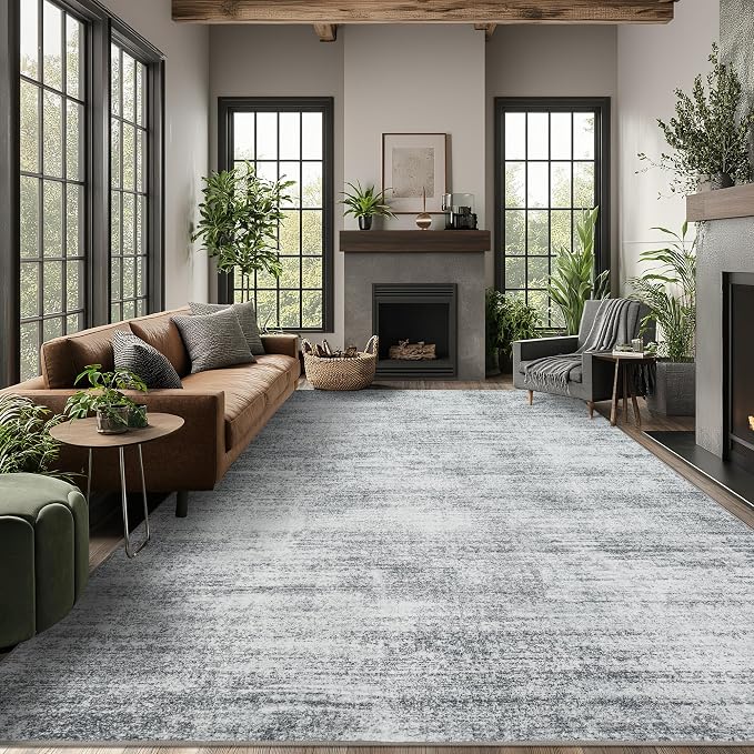Gray Extra Large Rugs for Living Room Abstract 9x12 Area Rug with Washable | Light Grey Low Pile Carpet, Minimalist Aesthetic Modern, for Office Playroom, Floor Covering with Non Slip, Foldable, Soft