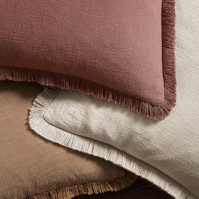 MIULEE Decorative Throw Pillow Covers Neutral Linen Fringe Throw Pillows Set of 2 Autumn Glaze Boho Farmhouse Cushion Covers with Tassels for Couch Sofa Bed Living Room Fall Decor 18x18 Inch