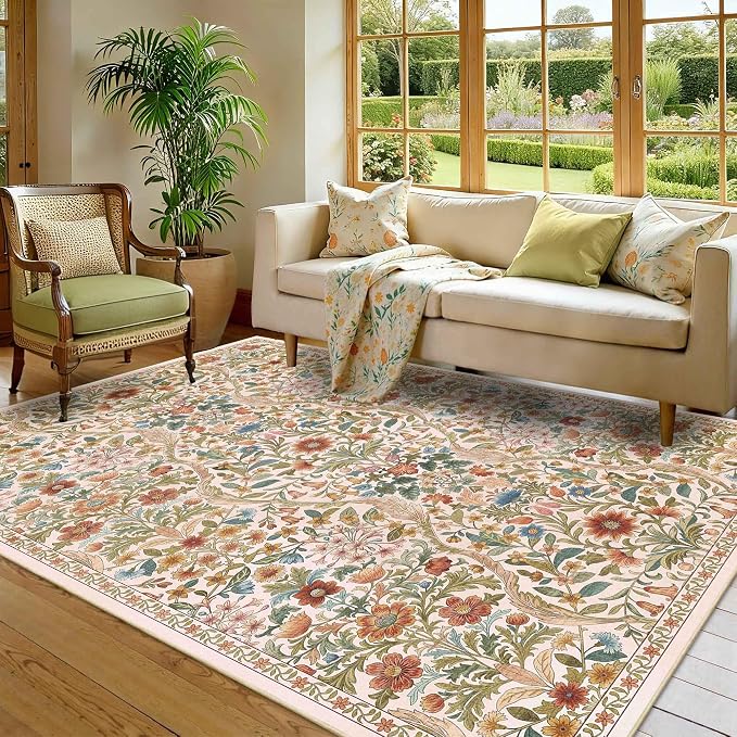 Floral Washable 6x9 Area Rug，Beige Boho Rugs for Living Room, Soft Low-Pile Non-Slip Stain Resistant & Non-Shedding Carpet for Bedroom,Dining Room,Office,Entryway,Nursery