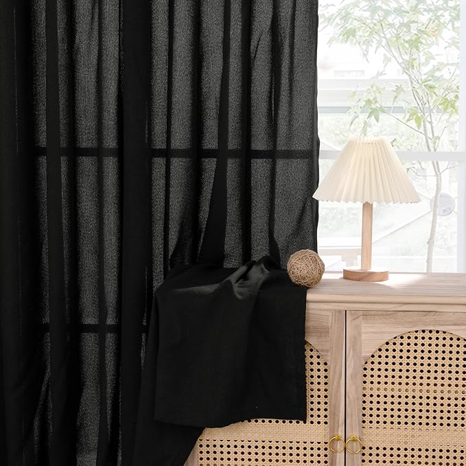 YoungsTex Short Black Linen Curtains 45 Inch Length, Light Filtering Window Drapes with Bronze Grommet Privacy Protection for Bedroom Living Room, 42 x 45 Inch, 2 Panels