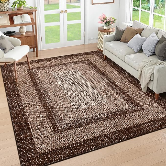 RUGSREAL Washable Rug 5x7 Boho Accent Bedroom Rugs Modern Geometric Floor Carpet Indoor Low Pile Non Slip Farmhouse Rustic Bohemian Carpet for Living Room Nursery Kitchen, Brown