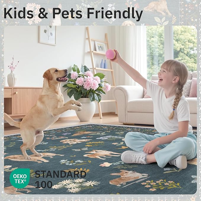Soalmost Dog 6x9 Area Rugs for Living Room, Washable Soft Rug Navy Blue | Floral Vintage Non-Slip Low Pile Cute Animal Throw Rugs for Kitchen Dining Room Bedroom Nursery Playroom 6' x 9'