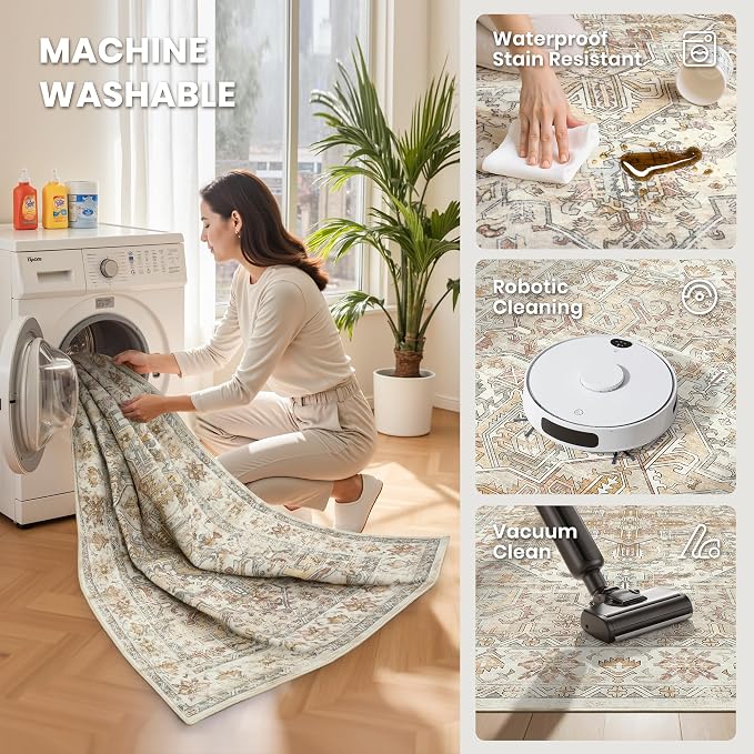 zesthome 5x7 Washable Rug-Stain Resistant Area Rugs for Living Room, Ultra-Thin Vintage Rugs, Non-Slip Backing Rug, Low Pile Large Area Rug, Boho Home Decor