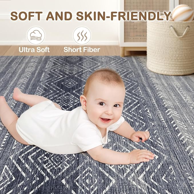 Tortania Area Rug Living Room Rugs- 8x10 Washable Large Soft Neutral Boho Moroccan Bohemian Farmhouse Rug Indoor Floor Carpet for Bedroom Under Dining Table Home Office Decor - Blue Gray