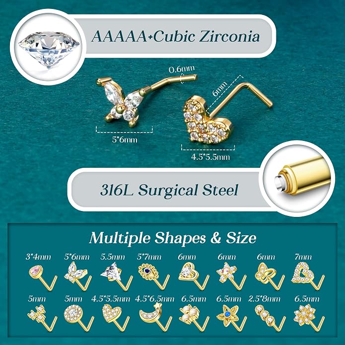 YADOCA 3 Pairs Hypoallergenic Sterling Silver Earrings 16Pcs Surgical Steel Gold Nose Rings Studs For Women
