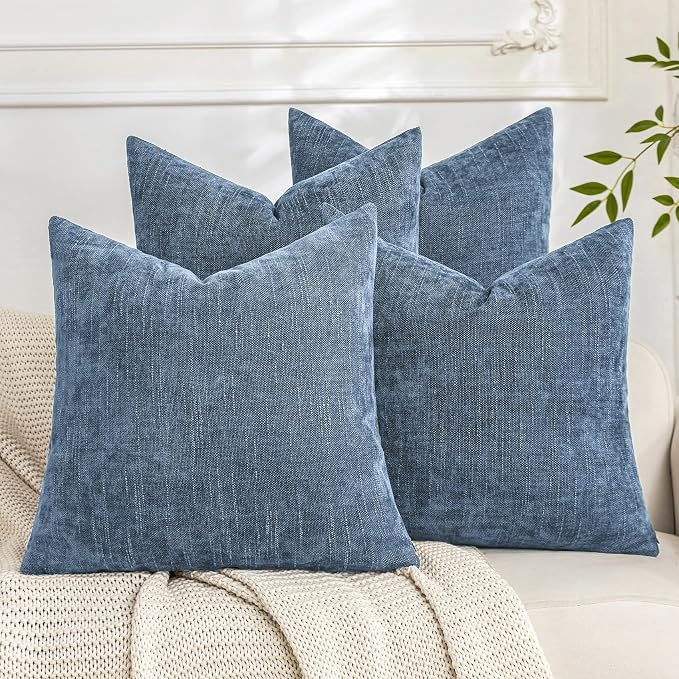 Set of 4 Soft Textured Decorative Throw Pillow Covers 20x20 Inch Cozy Farmhouse Cushion Cover Square Accent Pillow Cases for Bed Couch Sofa Living Room, Smoke Blue