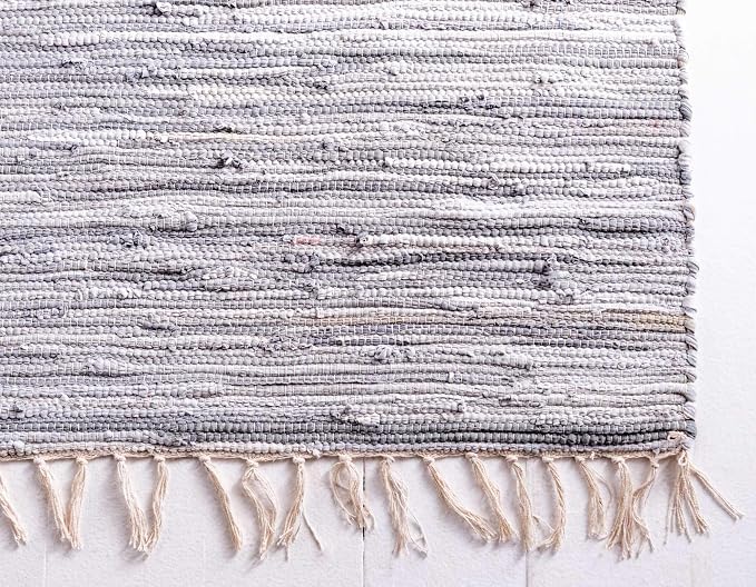 Unique Loom Chindi Cotton Collection Soft Hand Woven Natural Fiber Striped Area Rug, 2 ft 2 in x 3 ft in, Gray/Ivory