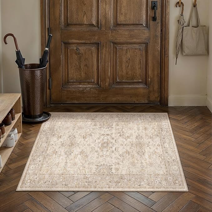 2x3 Beige Washable Area Rug Non Slip Vintage Doormat | Soft Low Pile, Lightweight Foldable, Pet Friendly, Entryway, Entrance, Kitchen, Bathroom, Laundry Room