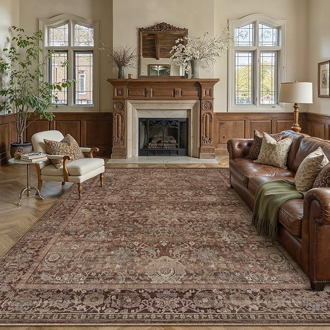 HUGEAR Area Rugs 8x10 Rust Red Washable Rug for Living Room Bedroom Large Neutral Vintage Rug Carpet Distressed Soft Durable Non Slip No Shedding for Indoor Dining Nursery Farmhouse