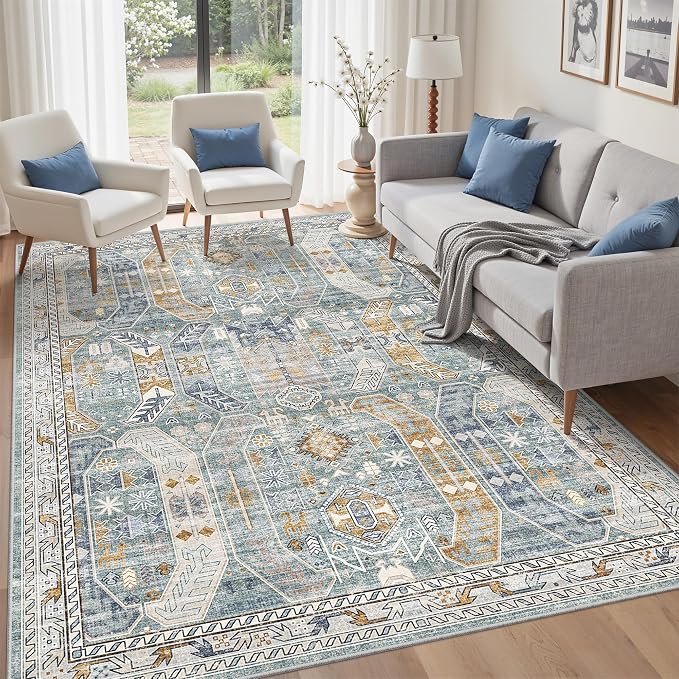 befbee 6x9 Area Rugs for Living Room - Stain Resistant Machine Washable Rugs for Bedroom,Non-Slip Backing Large Area Rug (Blue/Gold, 6'x9')