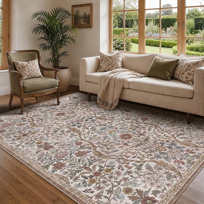 5×7 Washable Floral Area Rug, Vintage Boho Soft Low-Pile Living Room Rugs, Stain-Resistant Khaki Beige Botanical Non-Slip Carpet for the Bedroom, Dining Room, Kids' Nursery, and Home Decor