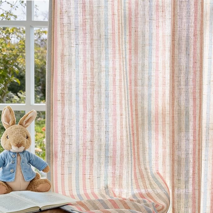 Vangao Linen Stripe Nursery Curtains for Kids Tickingstripe Light Filtering Window Curtains Colorful Pink Pinstripe Printed Drapes 84 Inches Long for Living Room Girls Bedroom Dorm 2 Panels