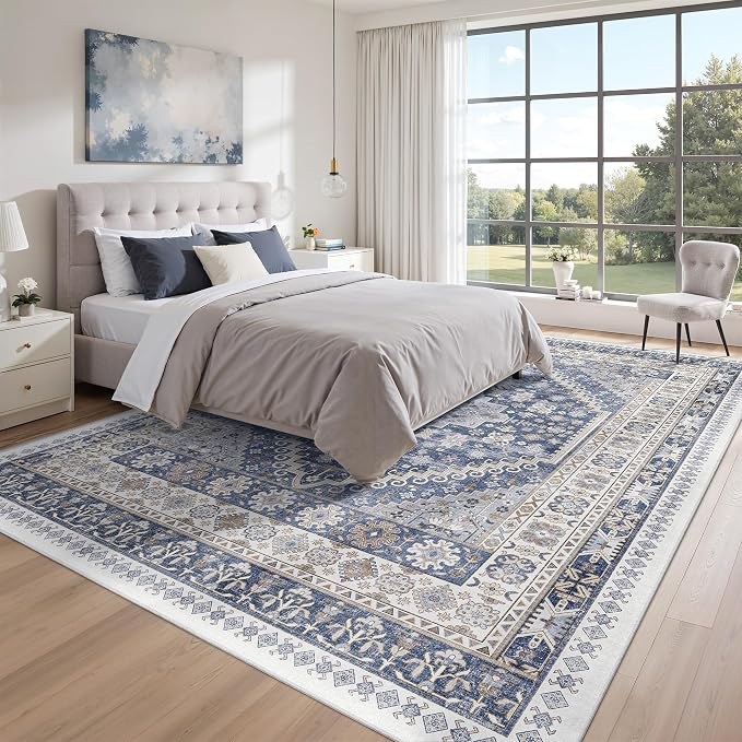 zesthome 8x10 Area Rugs for Living Room,Non-Slip Backing Washable Rugs,Vintage Large Area Rug,Stain Resistant Home Decor Rug (Blue/Beige,8'x10')