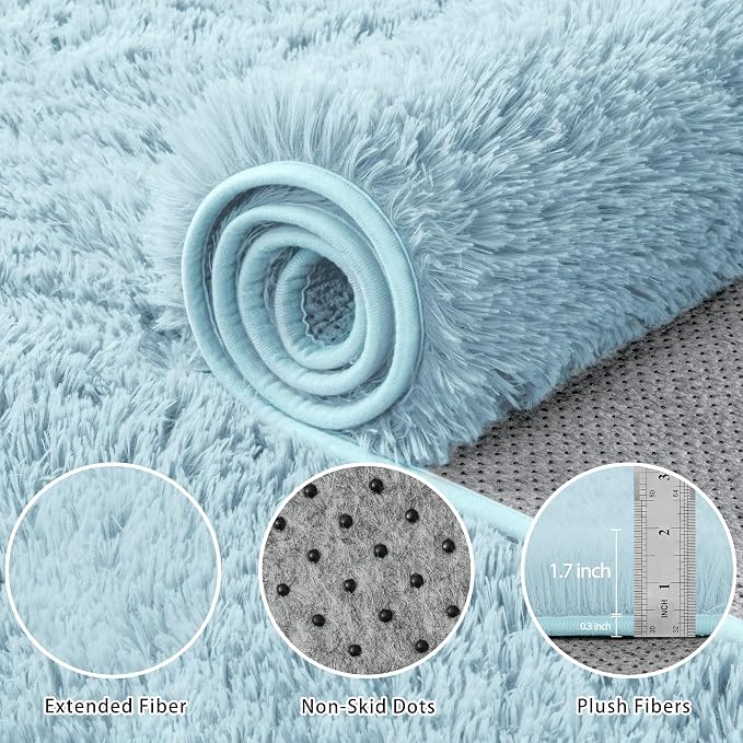 8x10 Area Rug for Living Room:Ultra Soft Fluffy Shag Teal Blue Rugs,Large Fuzzy Plush Indoor Non Slip Carpet Washable Rug for Bedroom Kids Nursery Office Dorm Modern Decor(Light Blue 8'x10')