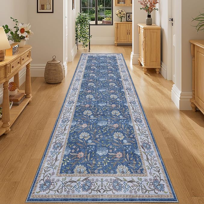 DUKINO 2.6x8 Runner Rug, Washable Vintage Floral Kitchen Runners, Sky Blue | Non Slip, Low Pile, Non-Shedding Soft Carpet for Hallway Bathroom Laundry Entryway Bedroom Farmhouse, Kids and Pets Friendly