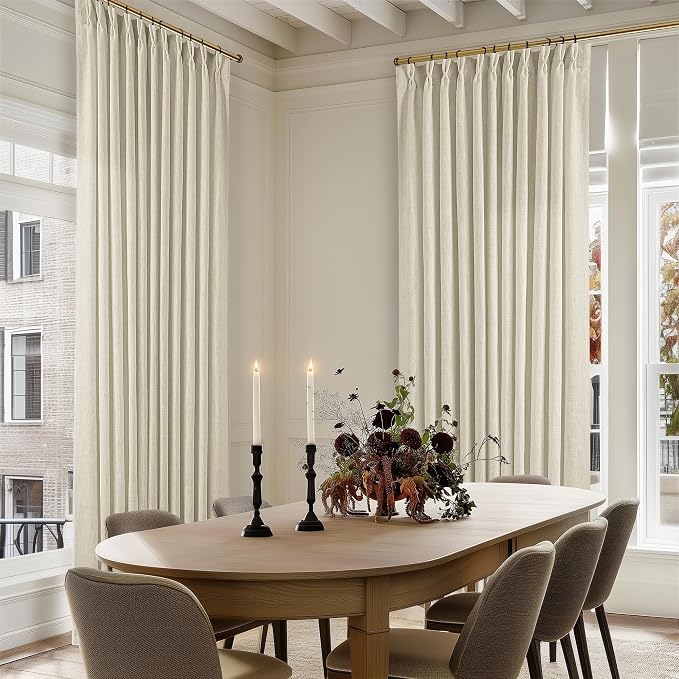 Pinch Pleated Extra Wide Beige Linen Curtain 90 Inches Long 70 Wide 1 Panel | for Patio Sliding Door Living Room, Pinch Pleat with Hooks Rings, Room Divider, Light Filtering Semi Sheer Privacy W70xL90
