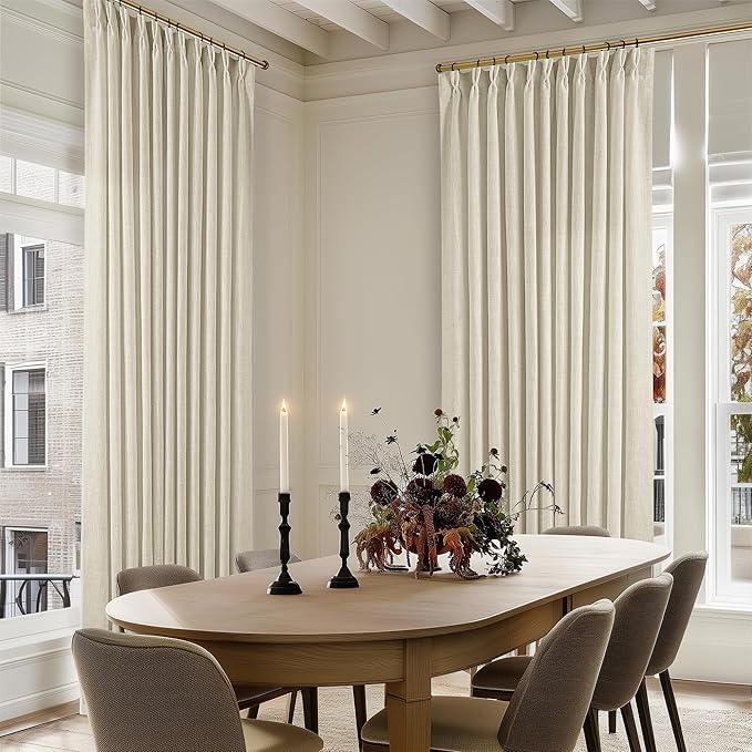 Pinch Pleated Extra Wide Beige Linen Curtain 84 Inches Long 70 Wide 1 Panel | for Patio Sliding Door Living Room, Pinch Pleat with Hooks Rings, Room Divider, Light Filtering Semi Sheer Privacy W70xL84