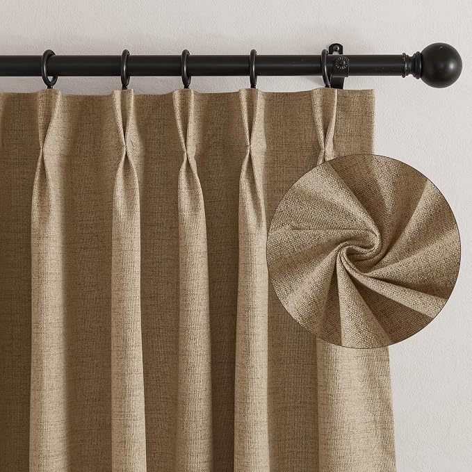 RYB HOME Pinch Pleated Back Tab Curtains Linen Textured 100% Blackout Curtains Thermal Insulated for Bedroom Living Room Bay Window Drapes, W 42 x L 90 inches, Burlap, 2 Panels