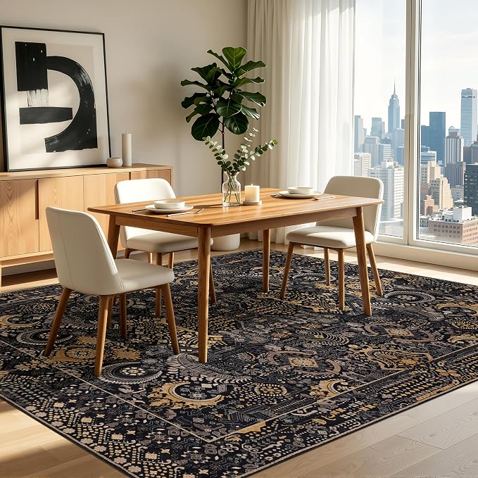 Ruaruarug Area Rug 8'×10', Non Slip Machine Washable Ultra Soft Stain & Fade Resistant, Pet & Kids Friendly, for Living Room/Bedroom/Kitchen/Classroom, Black and Gold