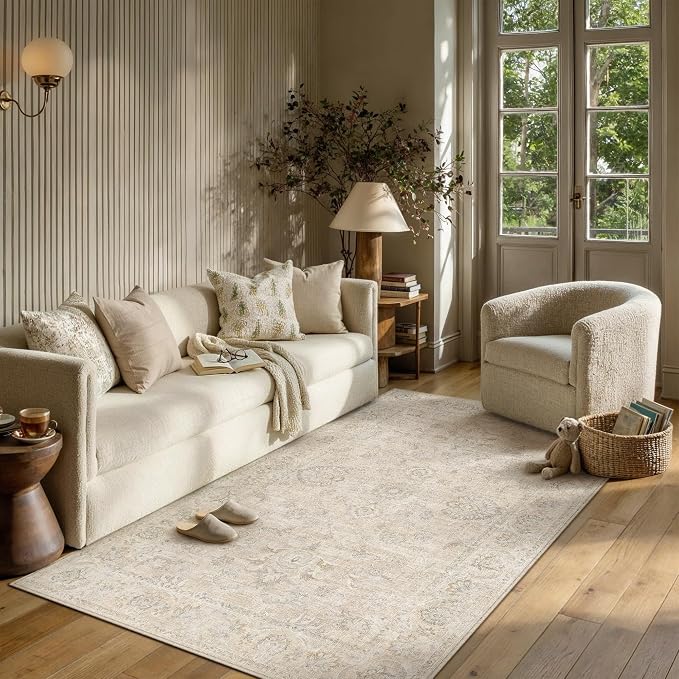 3x5 Cream Washable Area Rug for Entryway Neutral Floral Soft Non Slip Carpet Low Pile Distressed Door Mat for Bathroom Bedroom Entrance Living Room